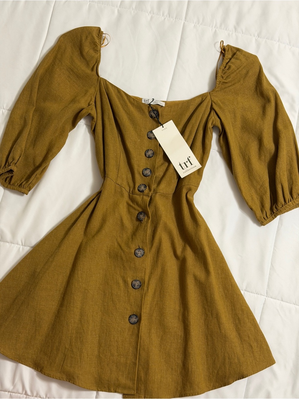 Zara Olive-Mustard Puff-Sleeve Button-Front Mini Dress
